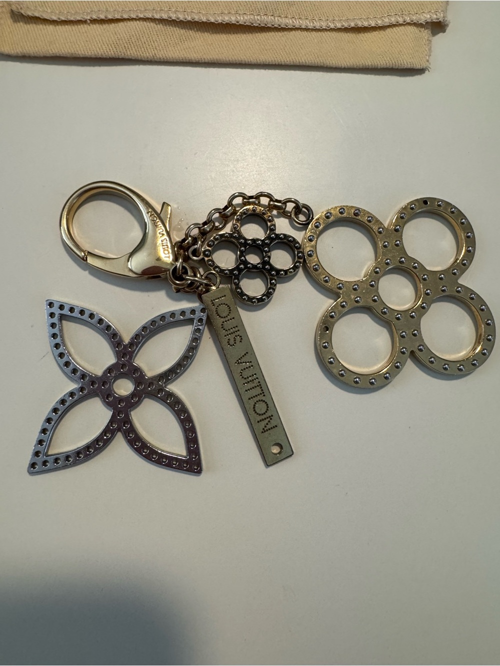 Authentic Louis Vuitton Silver and Taupe Floral Charm Keyring